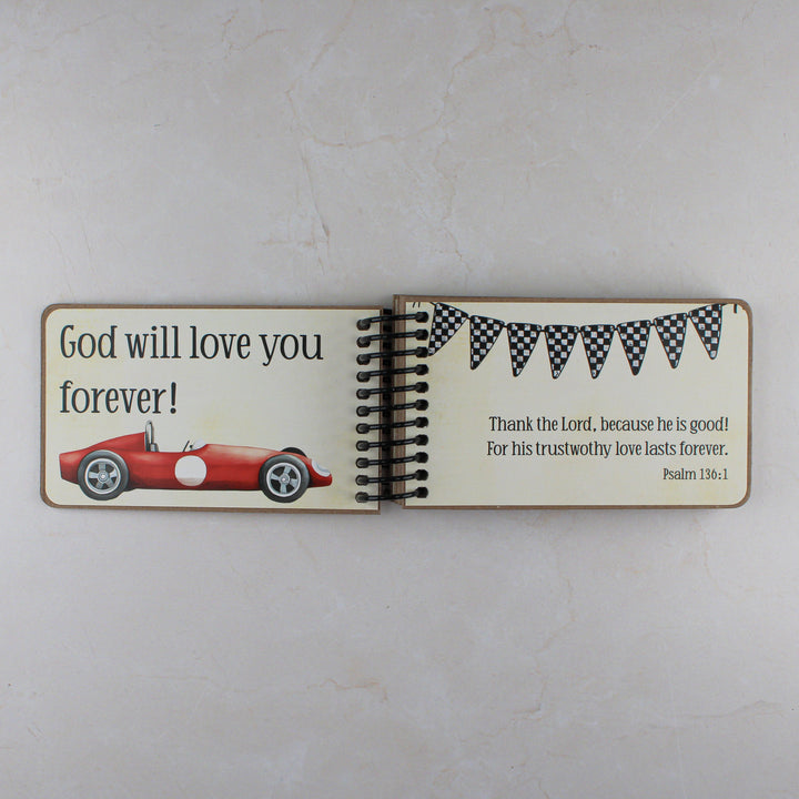 Page spread of kids race cars theme showing God's promises and Bible verses.