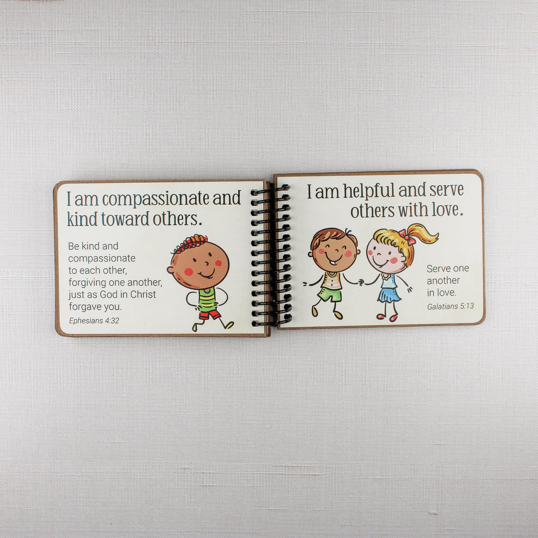 Bible affirmations for children teaching kindness, compassion, and serving others with love.