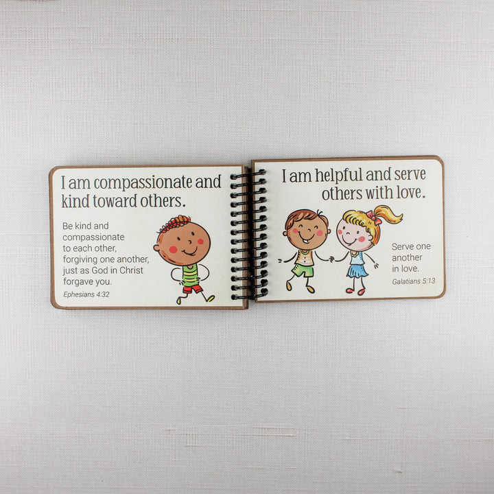 Bible affirmations for children teaching kindness, compassion, and serving others with love.