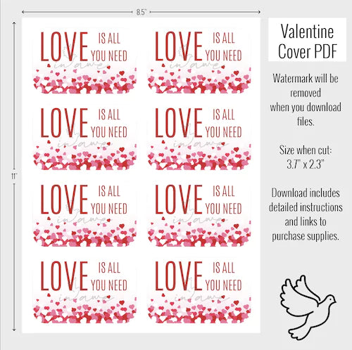 Valentine's Printable pdf download - Love is all you need with heart confetti.