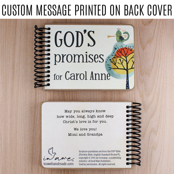Personalized Christian Book for Kids – 7 Promises of God with Bible Verses - Custom message printed on back cover.