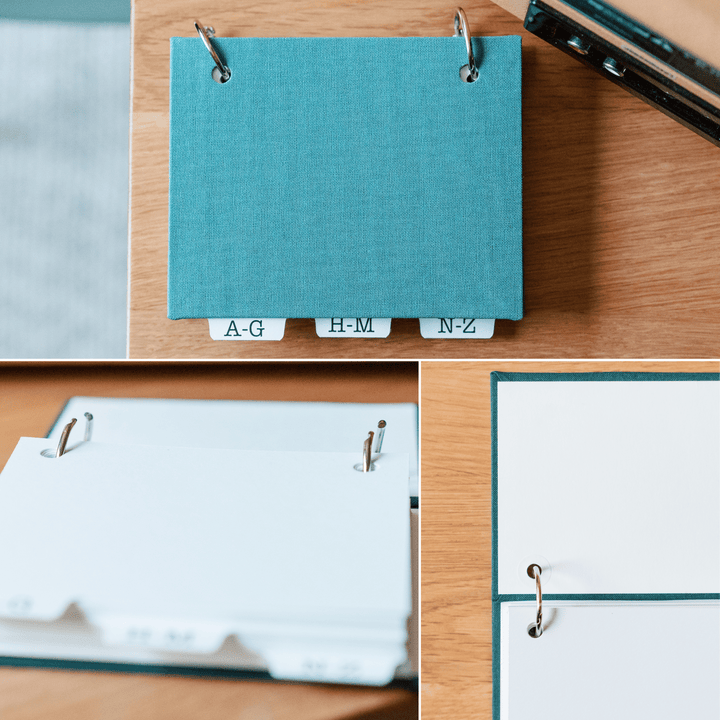collage of photos that show the front cover, open book rings and quality craftsmanship of password books.
