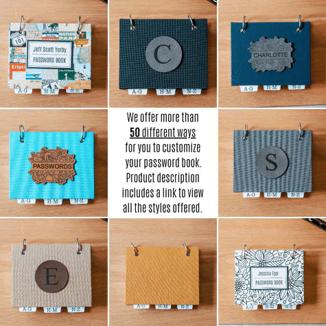 grid of password book design combinations avaiilable from inawehandmade.
