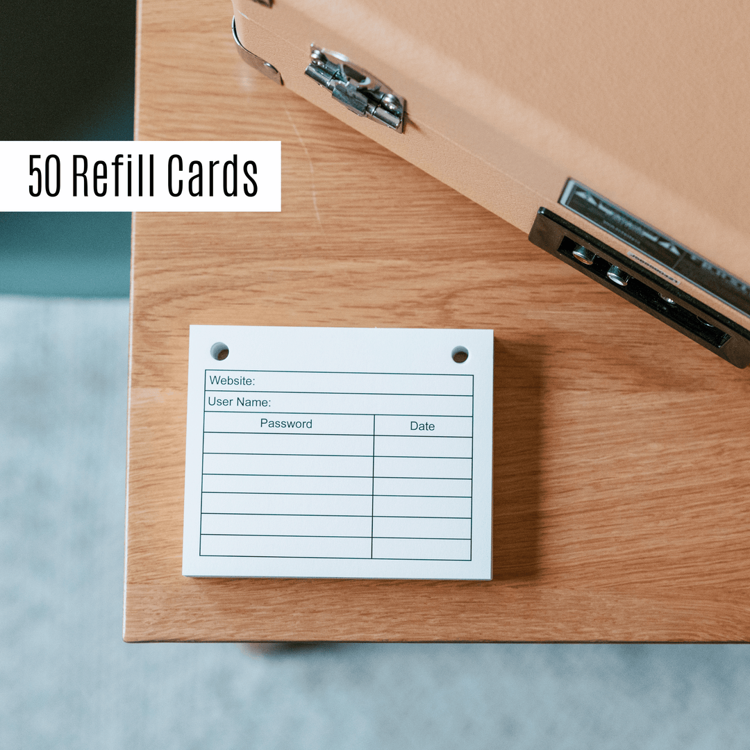 50 Refill cards for password book by inawehandmade on a wooden surface.