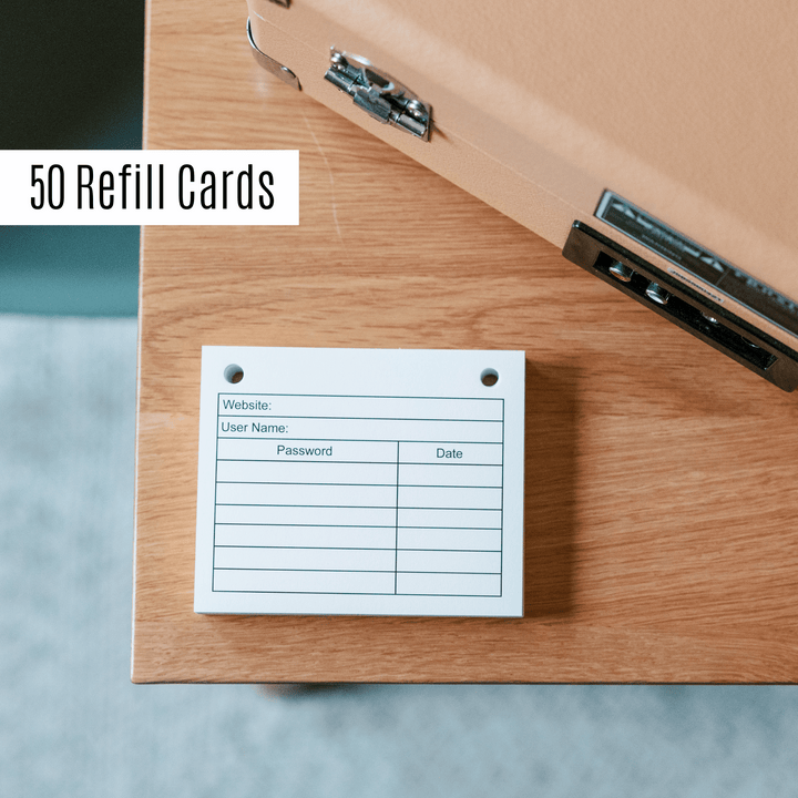50 Refill cards for password book by inawehandmade on a wooden surface.
