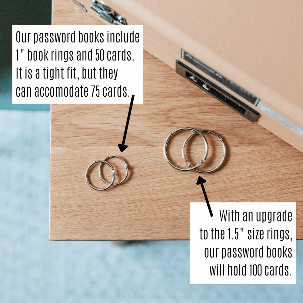 Wooden surface with book rings and a text overlay about password books and book ring capacity.