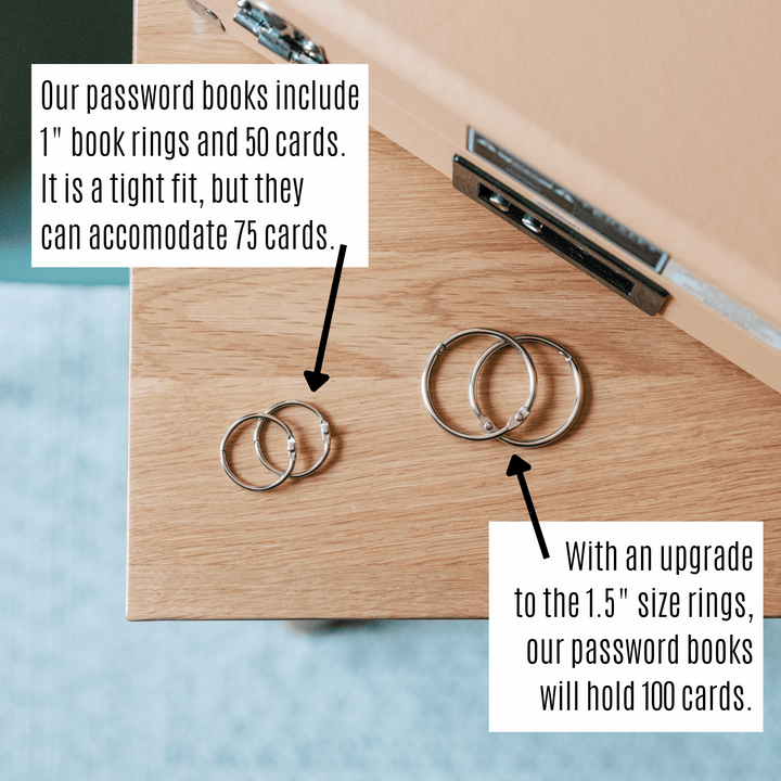 Wooden surface with book rings and a text overlay about password books and book ring capacity.