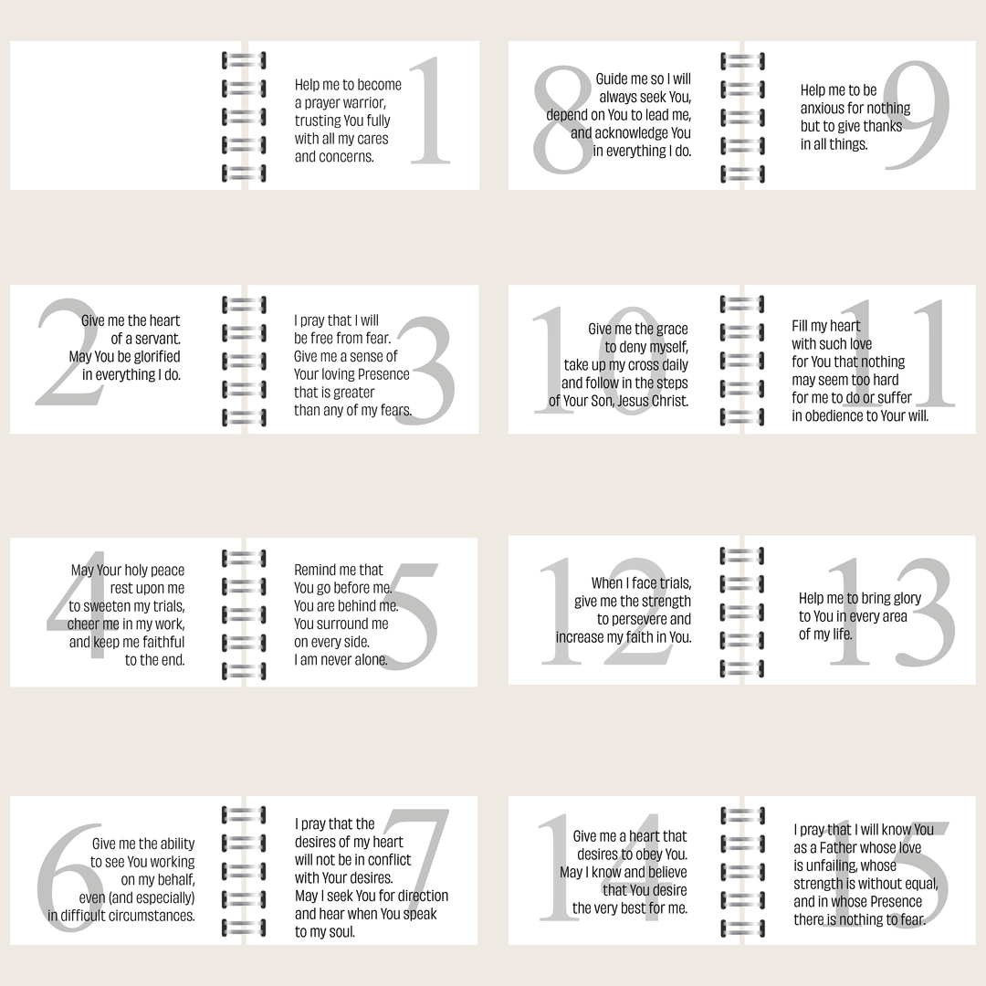 Prayers 1–15 from the personal prayer book, using me, my and I, with themes of trust, peace, guidance and growing faith.