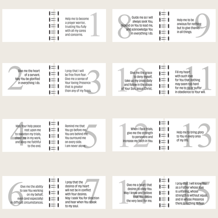 Prayers 1–15 from the personal prayer book, using me, my and I, with themes of trust, peace, guidance and growing faith.