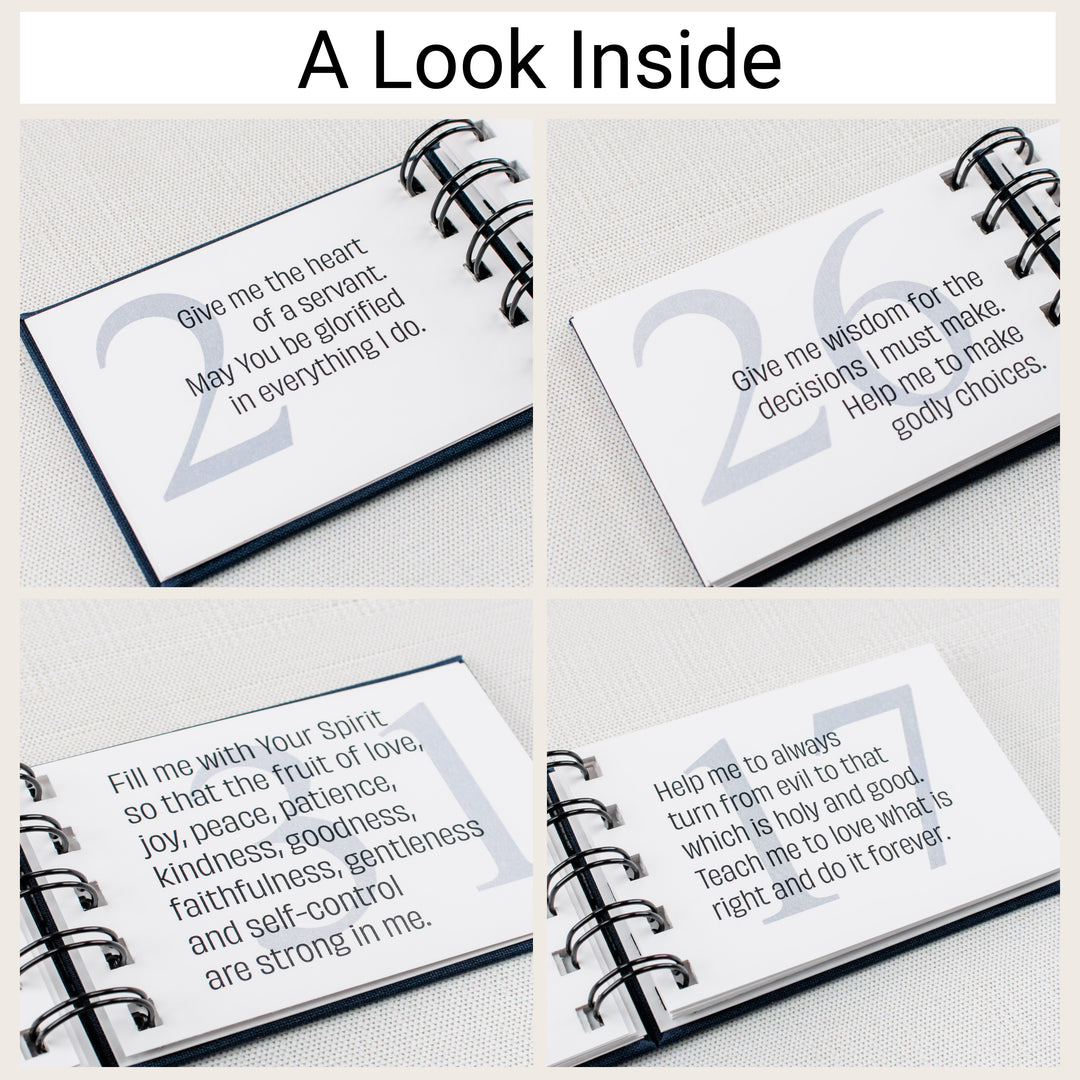 Four personal prayer book pages showing prayers for a servant’s heart, wise decisions, the fruit of the Spirit and choosing what is good.