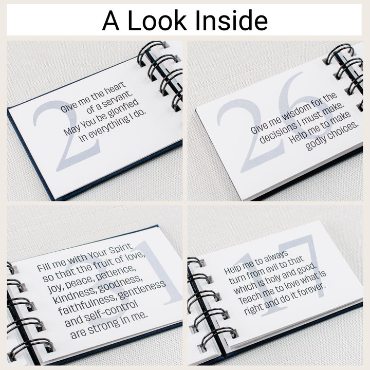 Four personal prayer book pages showing prayers for a servant’s heart, wise decisions, the fruit of the Spirit and choosing what is good.