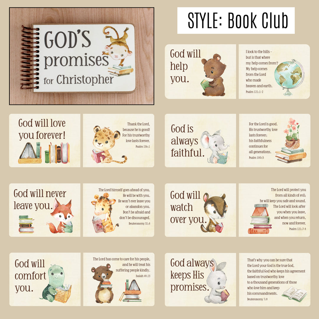 Personalized children's book titled 'God's Promises for Christopher' with animal illustrations on a beige background.