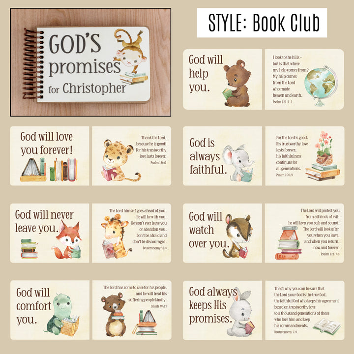 Personalized children's book titled 'God's Promises for Christopher' with animal illustrations on a beige background.