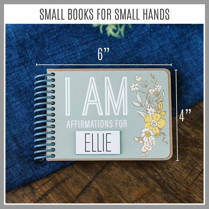 Personalized Green Floral kids affirmation book measuring approximately 6 inches wide by 4 inches tall.