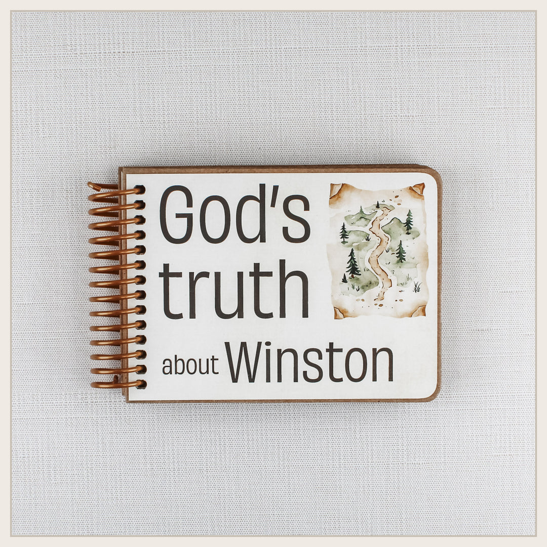 Personalized Happy Camper Christian affirmation book for kids with child’s name on front cover.