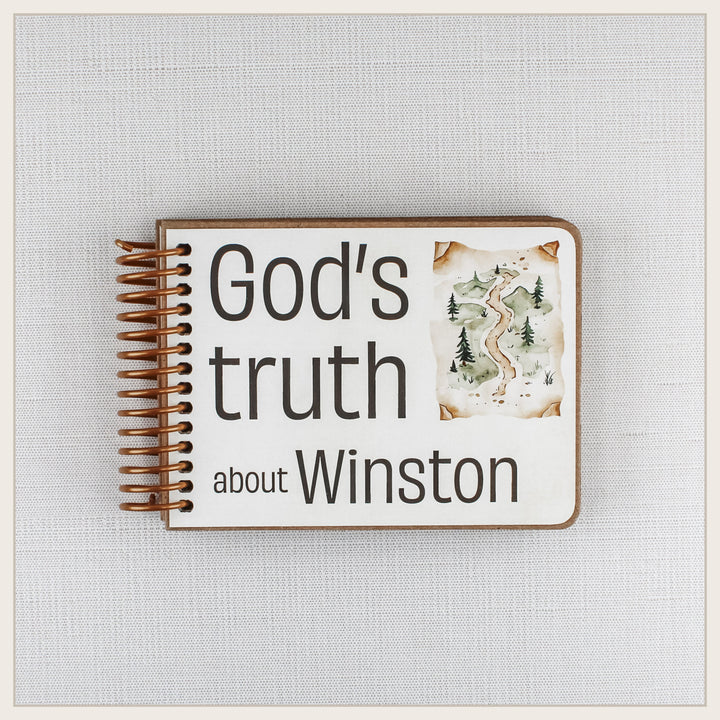 Personalized Happy Camper Christian affirmation book for kids with child’s name on front cover.