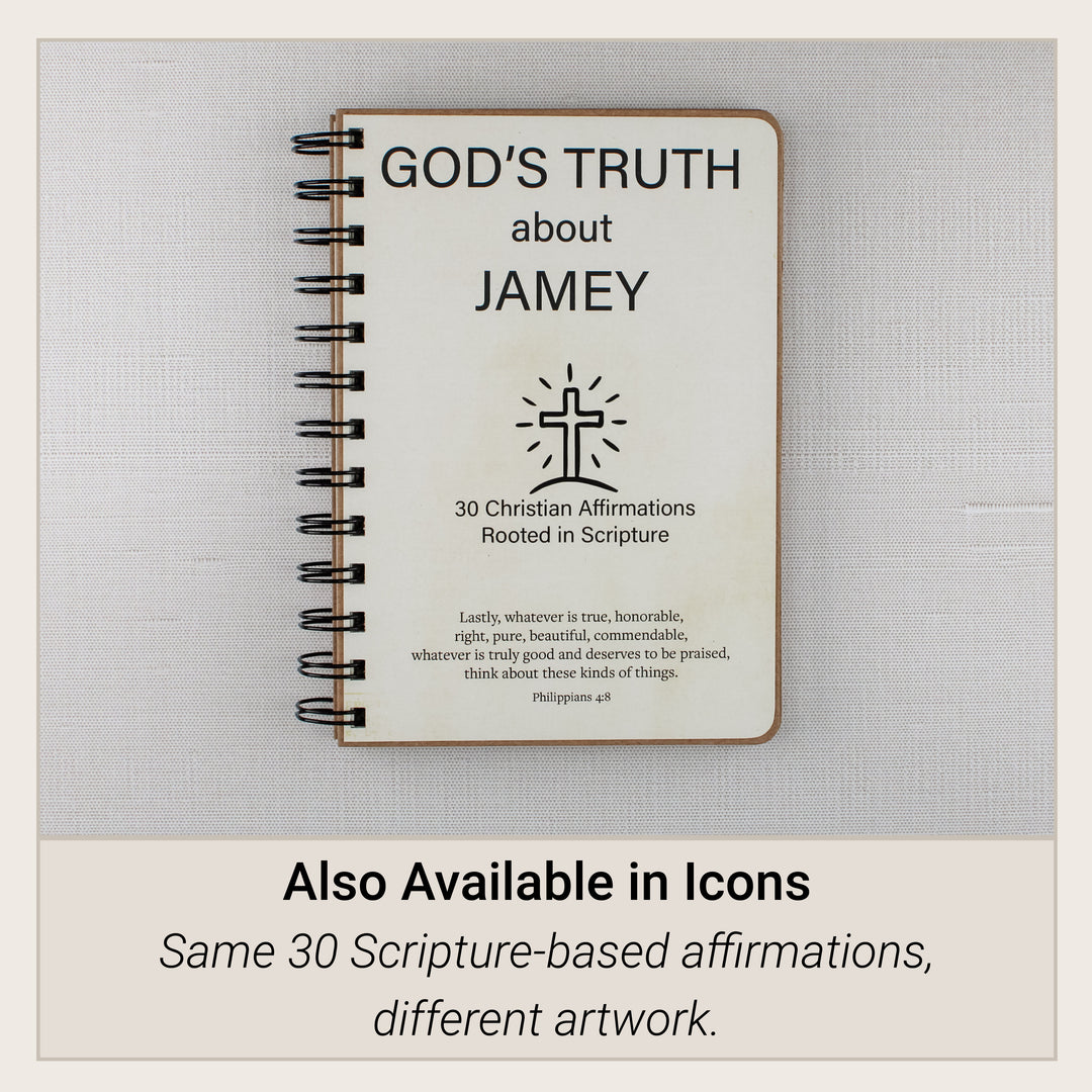 Icons style option for the personalized Christian affirmation book with the same 30 Scripture-based affirmations and black line-art illustrations.