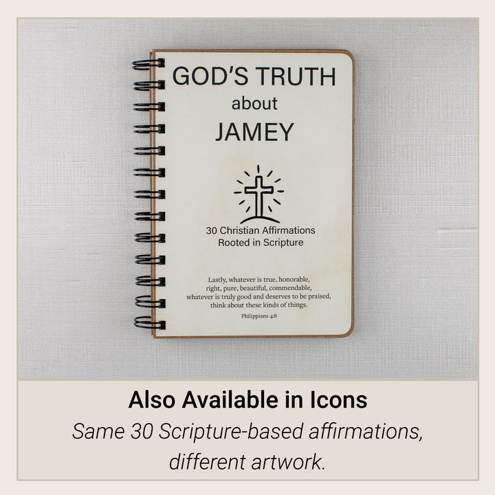 Icons style option for the personalized Christian affirmation book with the same 30 Scripture-based affirmations and black line-art illustrations.