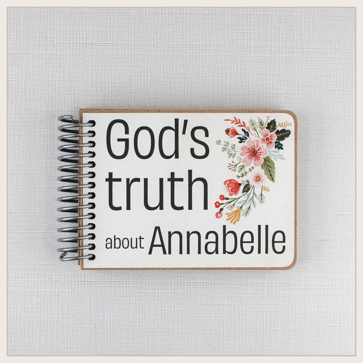 Personalized Pink Folk Art Christian affirmation book for kids with child’s name on front cover.