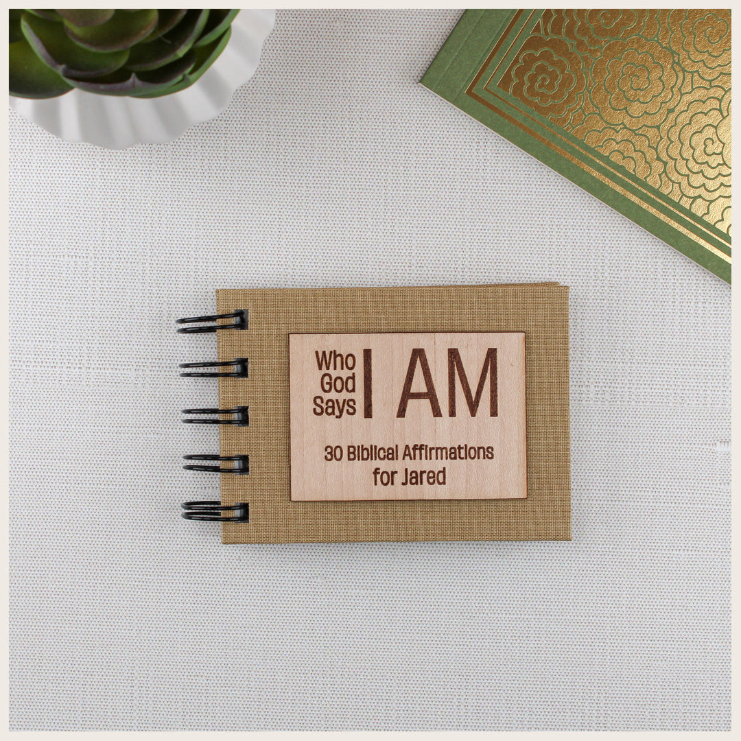 Khaki Who God Says I AM affirmation book with a large rectangular wood plaque personalized for Jared.