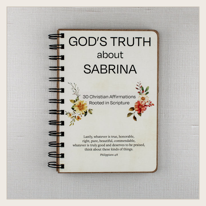 Personalized God’s Truth Christian affirmation book in Wildflowers style with the name Sabrina on the cover.
