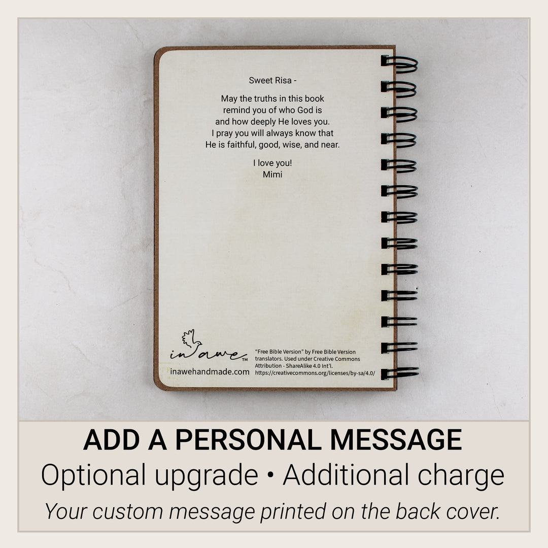 Optional paid upgrade adding a personal custom message to the back cover of the Christian book for kids.