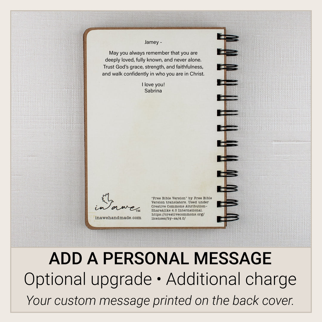 Optional custom message printed on the back cover of the personalized Christian affirmation book.