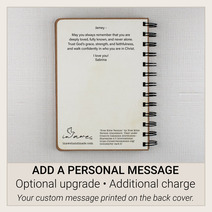 Optional custom message printed on the back cover of the personalized Christian affirmation book.