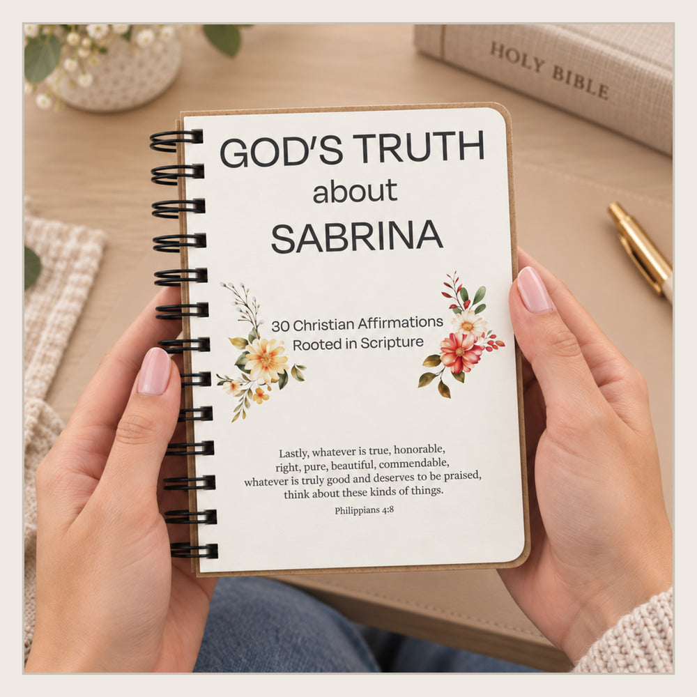 Woman holding a personalized Christian affirmation book for teens and adults, showing the book’s handheld size.