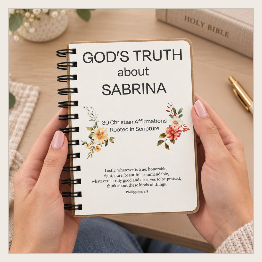 Woman holding a personalized Christian affirmation book for teens and adults, showing the book’s handheld size.