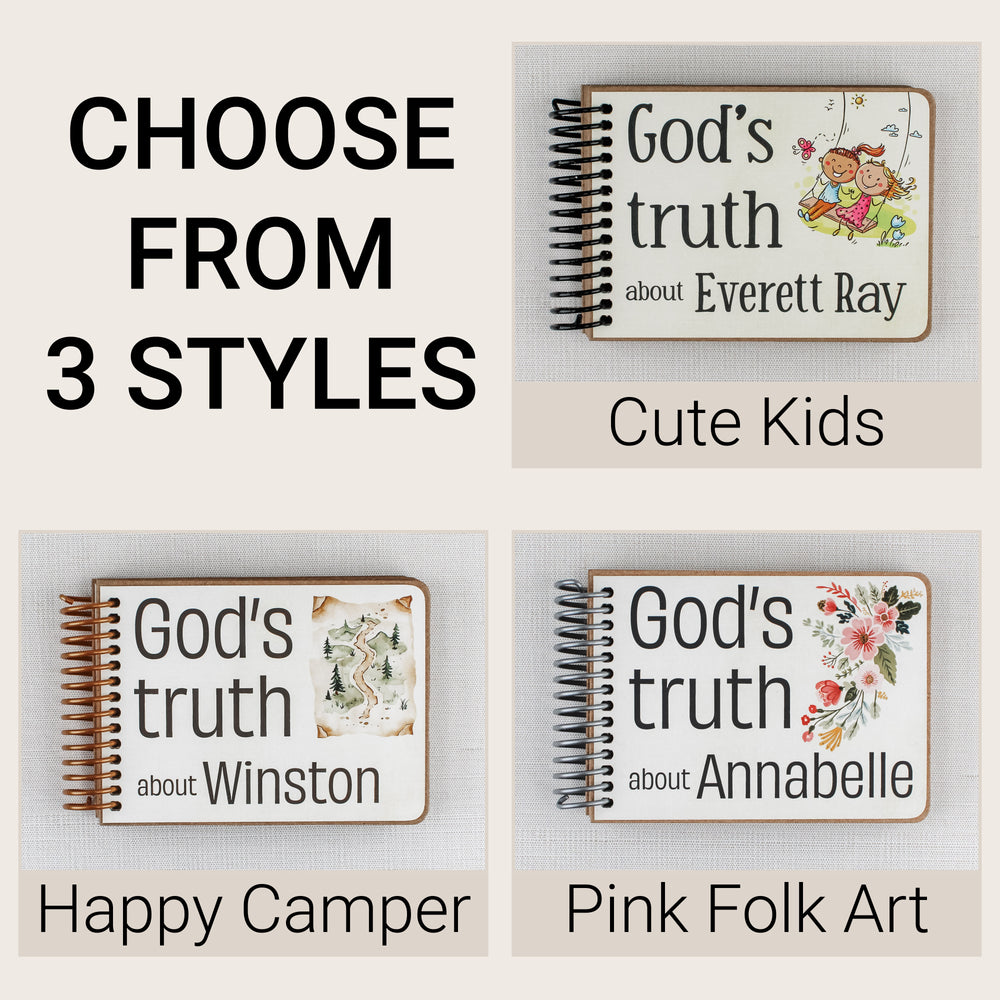 Personalized Christian affirmation books for kids in Cute Kids, Happy Camper and Pink Folk Art styles.