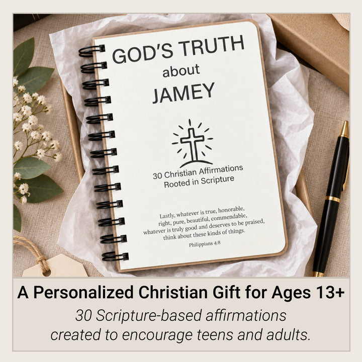Personalized Christian gift for ages 13 and up with 30 Scripture-based affirmations for teens and adults.