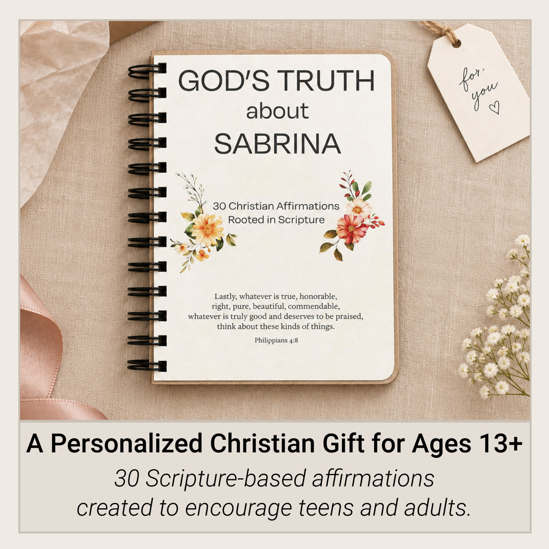 Personalized Christian gift for ages 13 and up featuring 30 Scripture-based affirmations for teens and adults.
