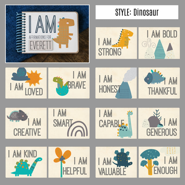 Dinosaur I AM affirmation book showing 14 positive affirmations for kids with matching dinosaur illustrations.