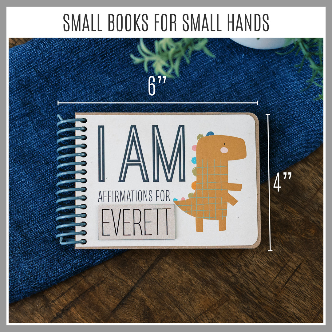 Personalized Dinosaur kids affirmation book measuring approximately 6 inches wide by 4 inches tall.