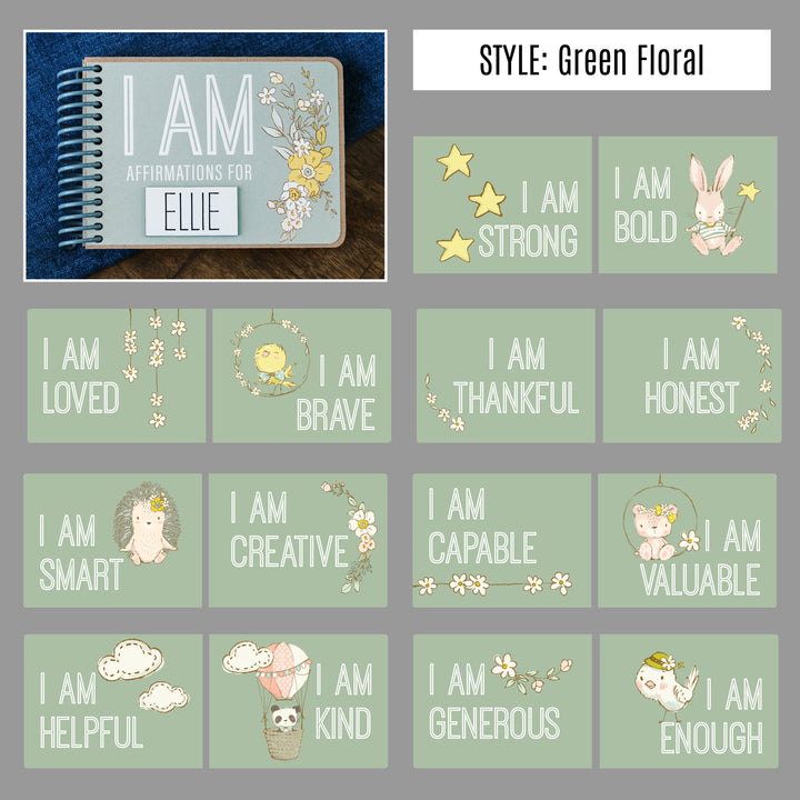 Green Floral I AM affirmation book showing 14 positive affirmations for kids with matching animal and floral illustrations.