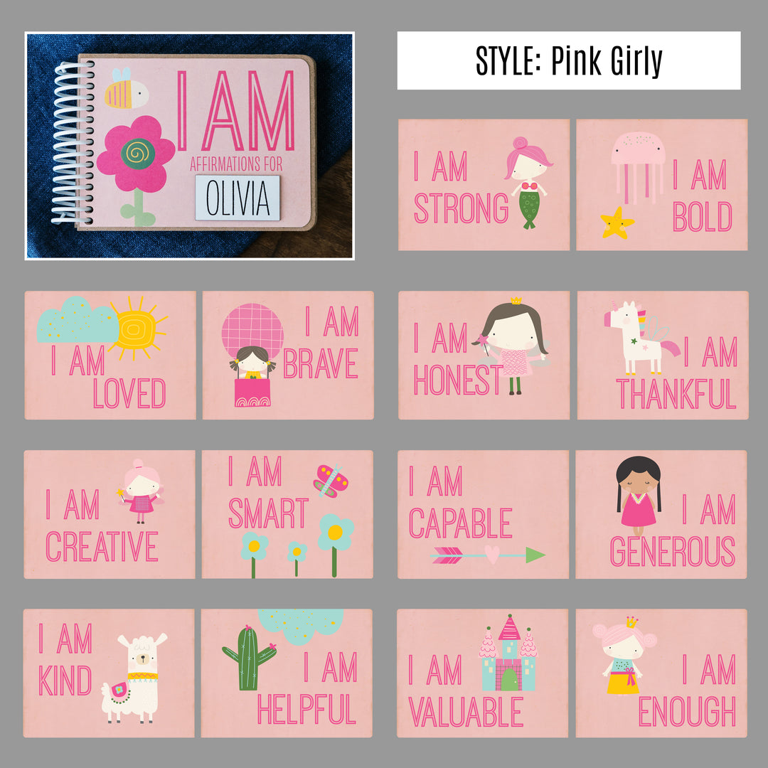 Pink I AM affirmation book showing 14 positive affirmations for kids with matching pink and girly illustrations.