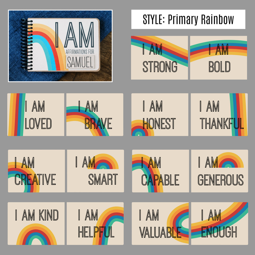 Rainbow I AM affirmation book showing 14 positive affirmations for kids with matching primary rainbow illustrations.