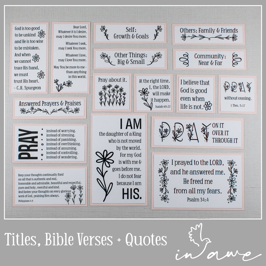 Prayer board titles, Bible verses and Christian quotes about prayer with pink accents.