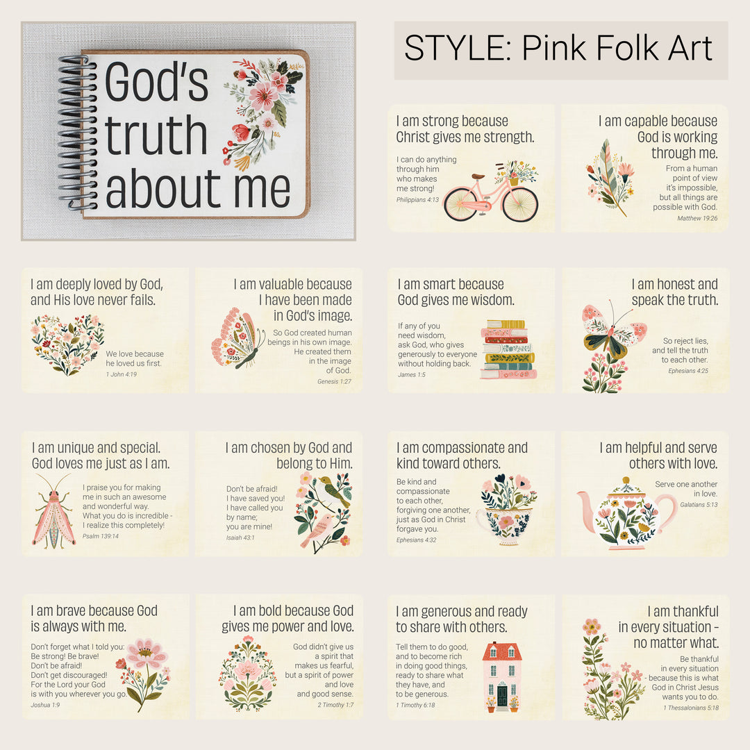 Pink Folk Art Christian affirmation book for kids with sample Scripture affirmation.