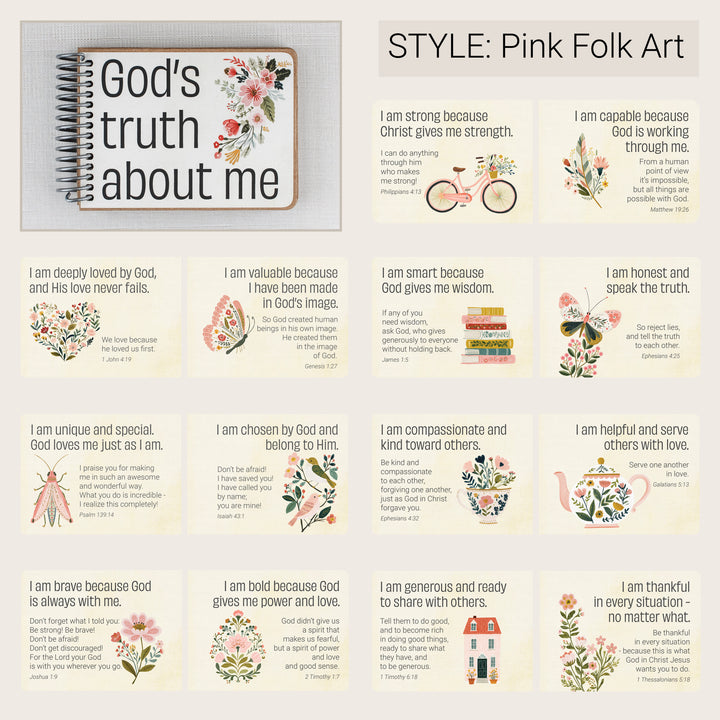 Pink Folk Art Christian affirmation book for kids with sample Scripture affirmation.