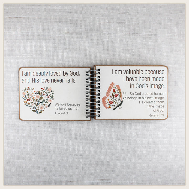 Inside pages with I am deeply loved and I am valuable Bible affirmations for children from Pink Folk Art.
