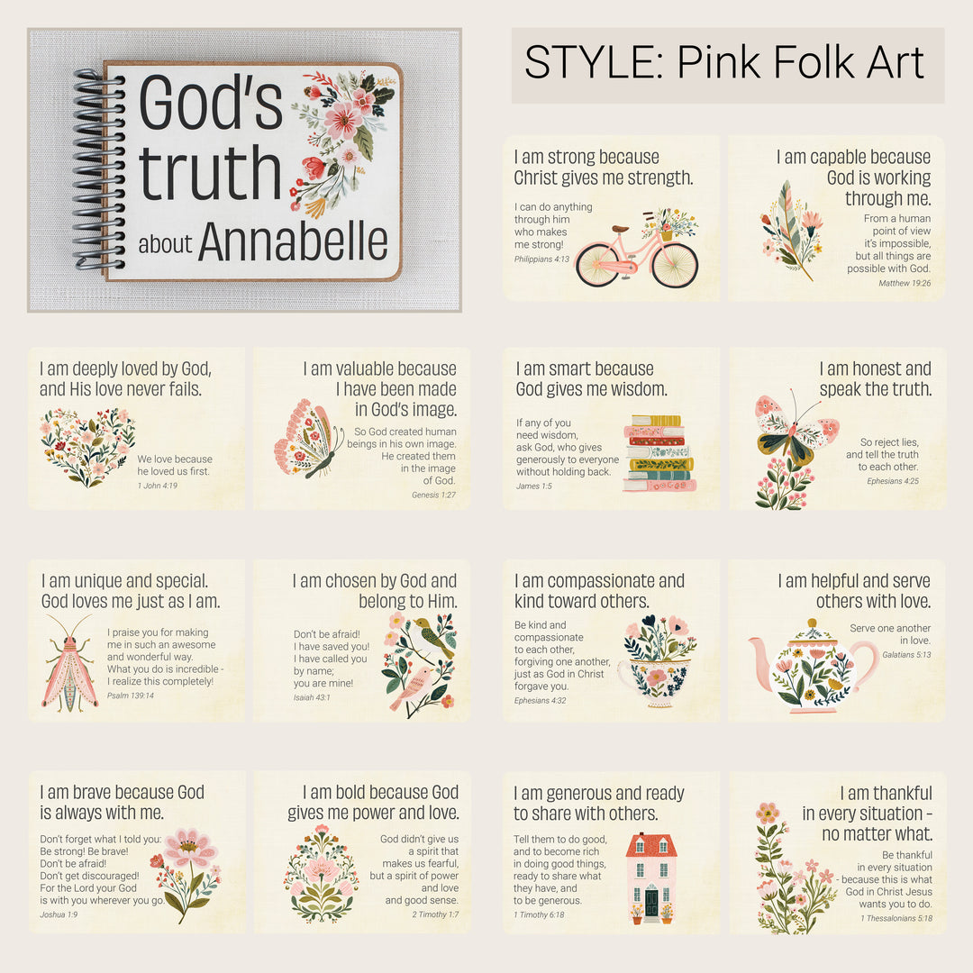 Personalized Pink Folk Art Christian affirmation book with sample Bible affirmation pages.