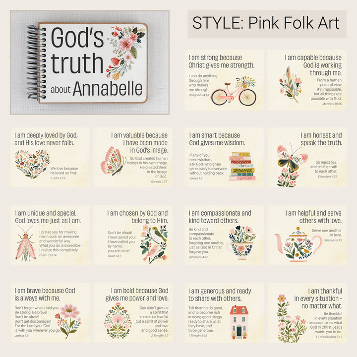 Personalized Pink Folk Art Christian affirmation book with sample Bible affirmation pages.