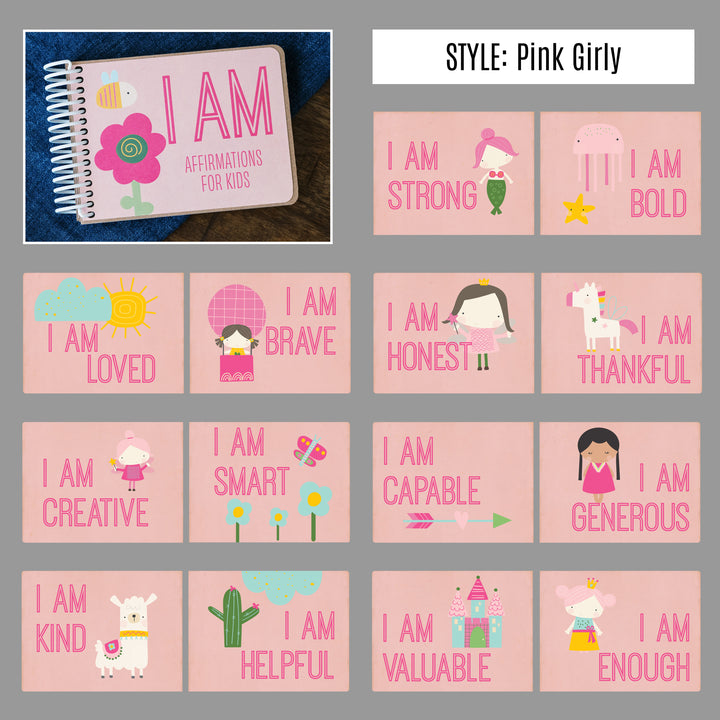 Pink I AM affirmation book showing 14 positive affirmations for kids with matching pink and girly illustrations.