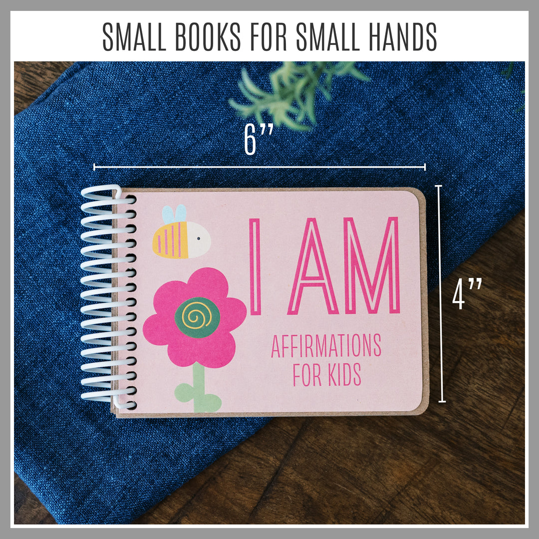 Non-personalized Pink Girly I AM affirmation book for ages 4–7 measuring approximately 6 by 4 inches.