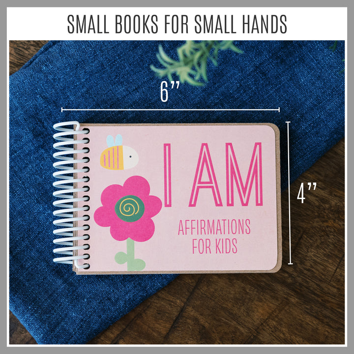 Non-personalized Pink Girly I AM affirmation book for ages 4–7 measuring approximately 6 by 4 inches.
