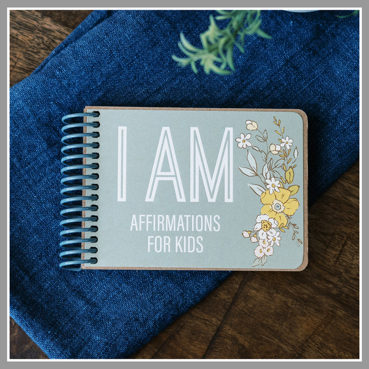 Floral sage green book of positive affirmations for kids with colorful animal and floral graphics.