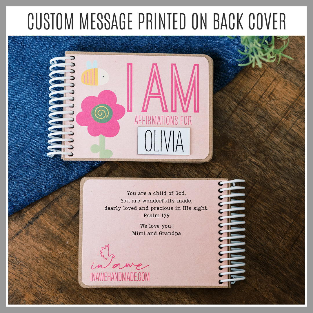 Personalized Pink Girly affirmation book with laser-engraved nameplate and custom message printed on the back.