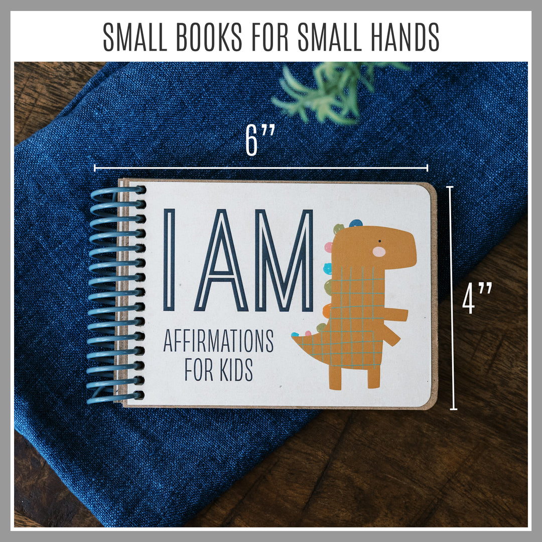 Non-personalized Dinosaur I AM affirmation book for ages 4–7 measuring approximately 6 by 4 inches.